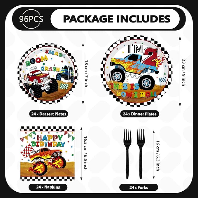 96 Pcs Monster Cartoon Truck 2nd Birthday Party Supplies I'm 2 Truck