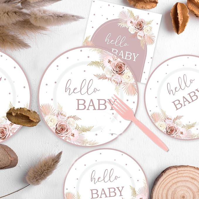 120PCS Boho Baby Shower Party Plates and Napkins Cups Hello Baby