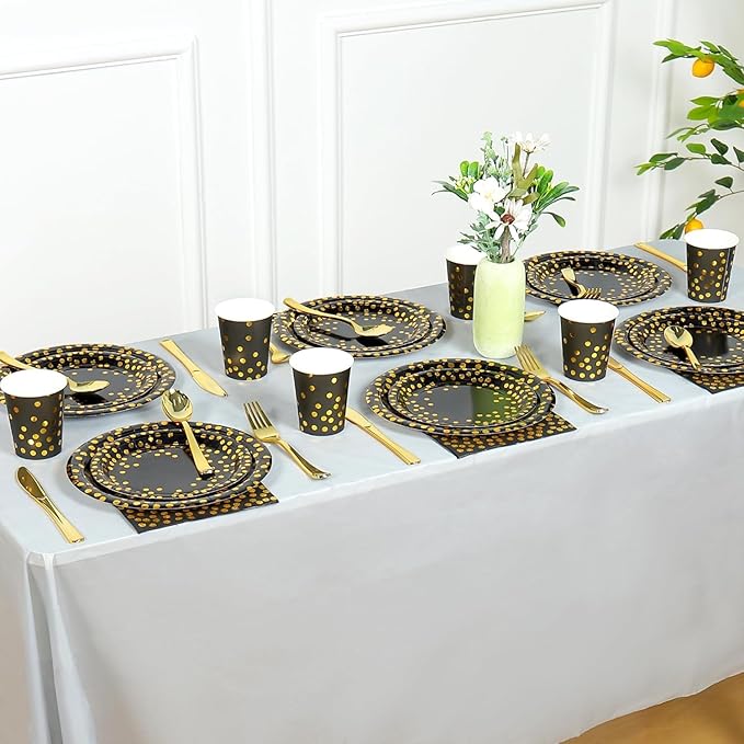 175 PCS Black and Gold Party Supplies,Gold Dot on Black Paper Plates