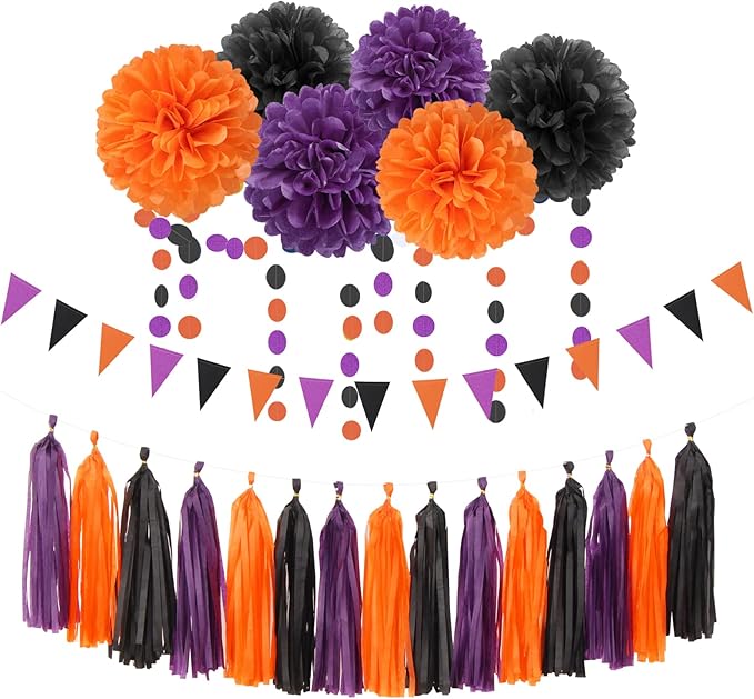 Black Purple Orange Halloween Party Decorations 23pcs Tissue Pom