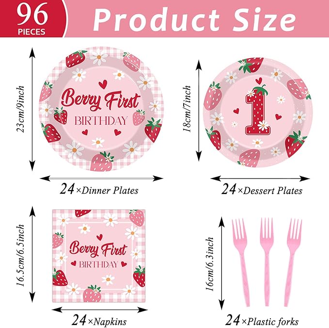 96 Pcs Strawberry 1st Birthday Party Plates Strawberry 1th Theme