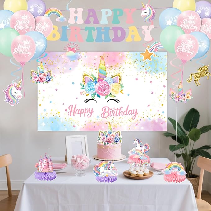 Unicorn Birthday Decorations Includes Banner Backdrop Balloons