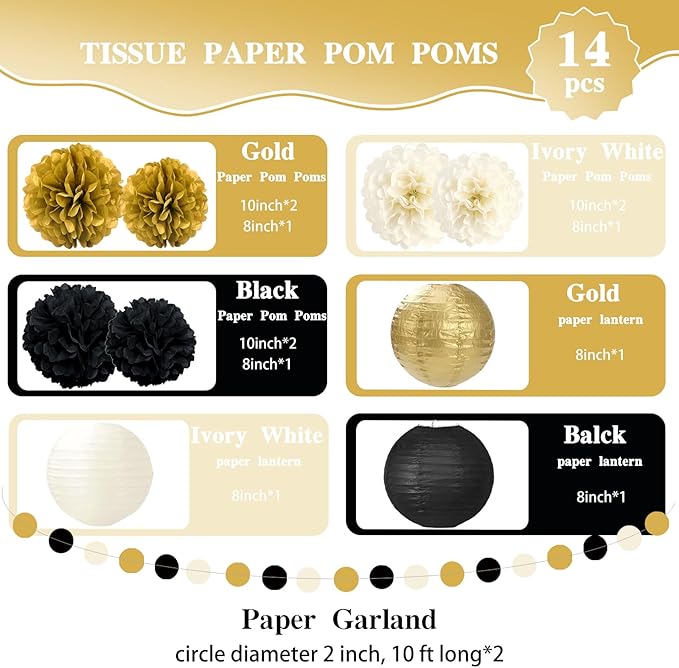 14PCS Black and Gold Party Decorations, Tissue Paper Pom Poms, Paper