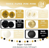 14PCS Black and Gold Party Decorations, Tissue Paper Pom Poms, Paper