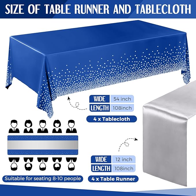 Breling 8 Pack Navy Blue and Silver Disposable Plastic Tablecloths