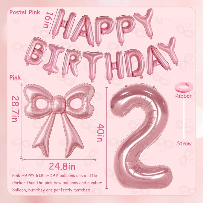 Bow Number 2 Birthday Balloons, 40” Pink Aluminum Foil Balloons Happy