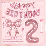 Bow Number 2 Birthday Balloons, 40” Pink Aluminum Foil Balloons Happy