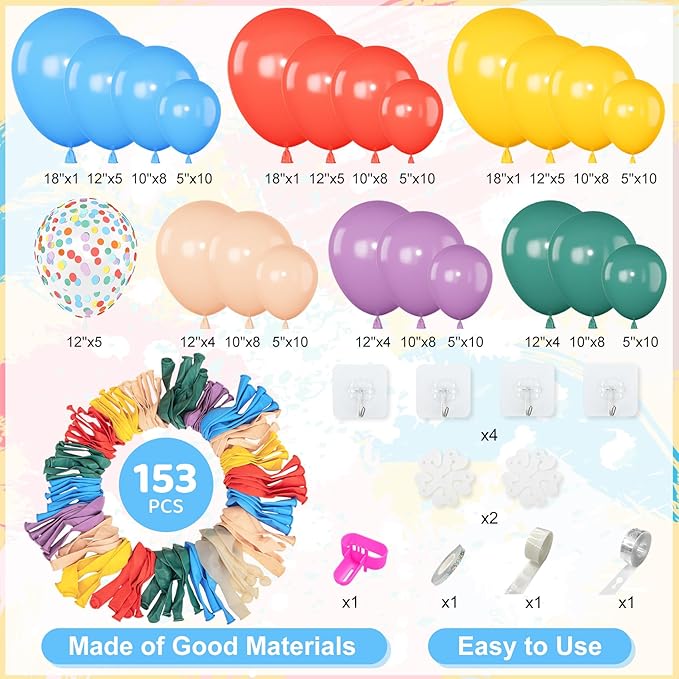 Amandir 153pcs Colorful Rainbow Balloons Arch Kit Assorted Colors