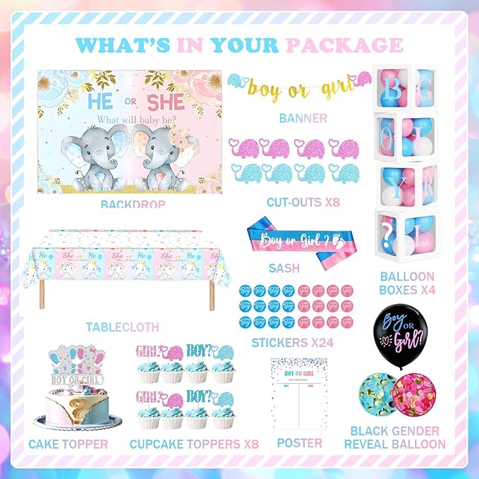 172 PCs Elephant Gender Reveal Decorations Hombae Boy or Girl Gender