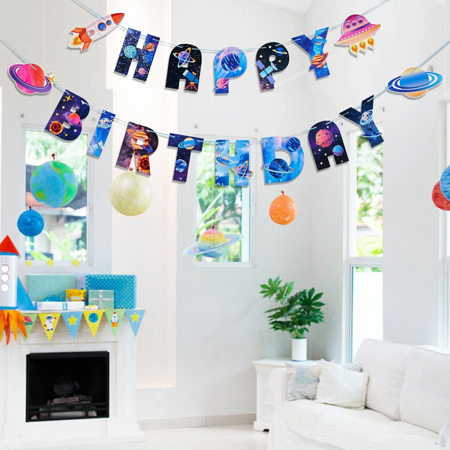 SUNBEAUTY Universe Outer Space Theme Birthday Banner Galaxy Happy