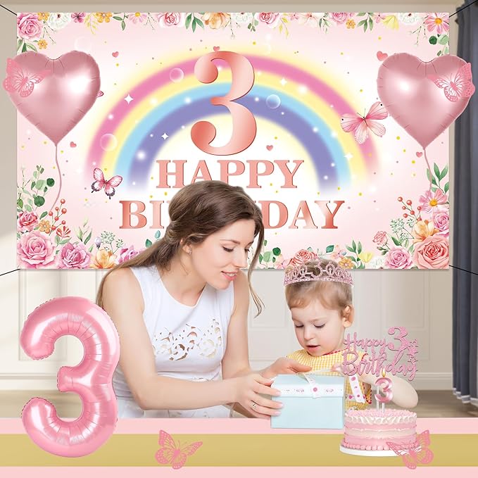 3rd Birthday Decorations for Girls 47pcs Pink Flower Rainbow Banner