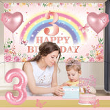 3rd Birthday Decorations for Girls 47pcs Pink Flower Rainbow Banner