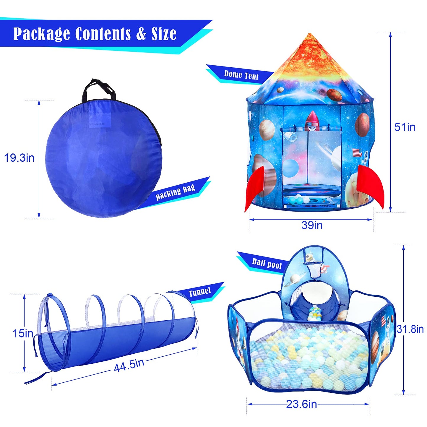 PigPigPen 3pc Kids Play Tent for Boys with Ball Pit, Crawl Tunnel,