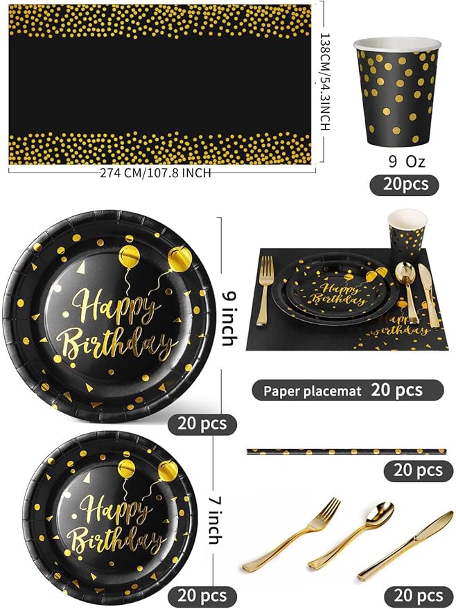 Birthday Party Tableware, 161 Pieces Black Gold Party Supplies, Party