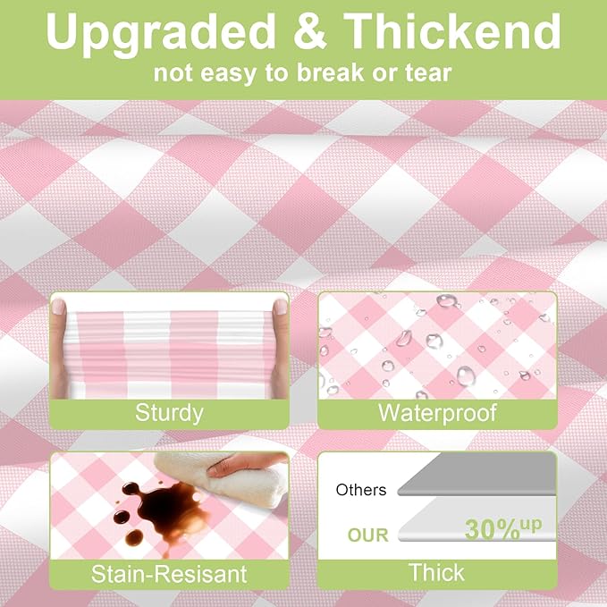 QIKSION Pink Gingham Tablecloth Disposable 2 Pack, 54 x 108 Inch Pink