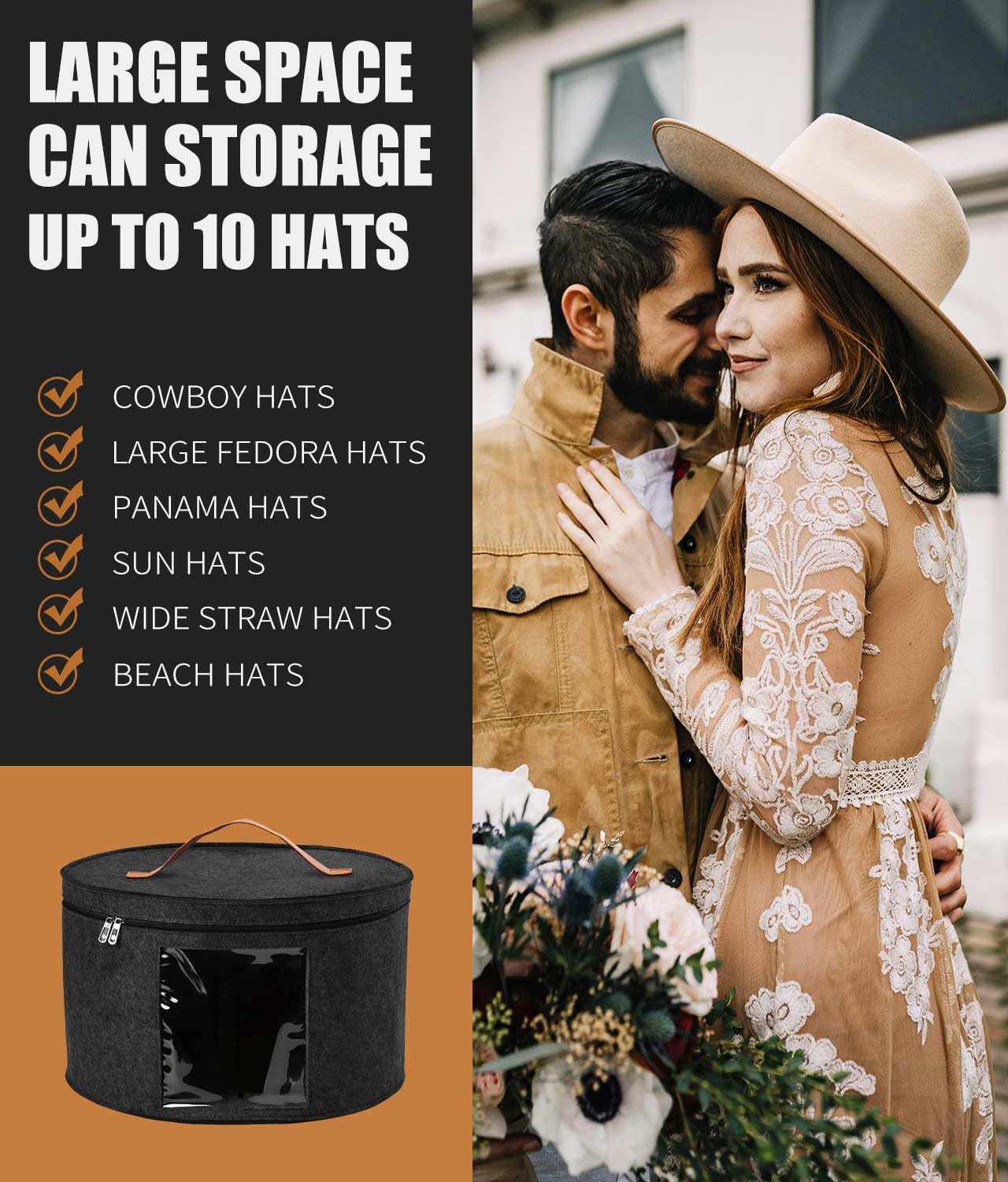 PANGTON Hat Box, Travel Hat Storage Box, Foldable Space-saving Hats