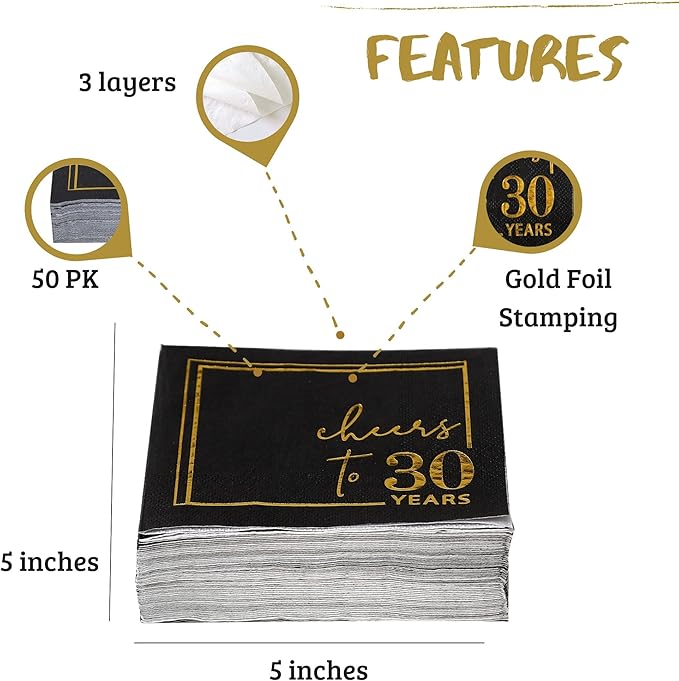Cheers to Years Cocktail Napkins - 50 PK - 3-Ply Birthday Napkins 5x5