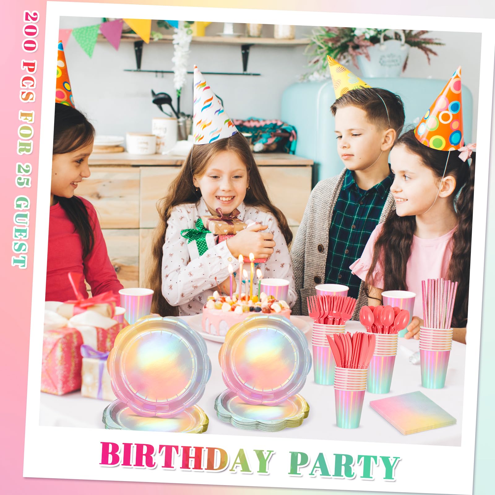 NatNarr 200 Pcs Iridescent Pastel Party Supplies Decorations, 25 Guest