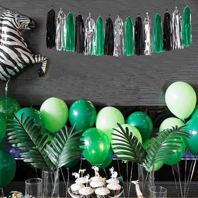 Black Green Silver Tassel Garland - 15pcs Soccer Party Supplies