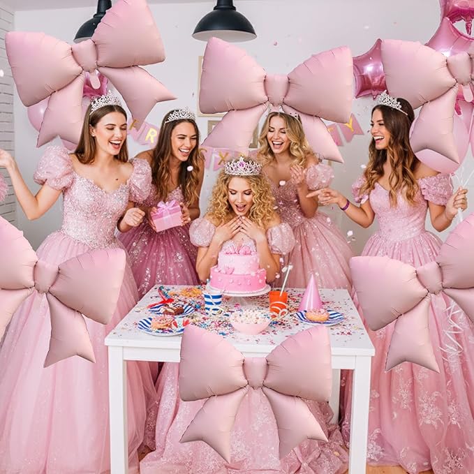 Biapian 6 Pcs Pink Bow Balloons, 38 Inch Giant Bow Foil Balloons,
