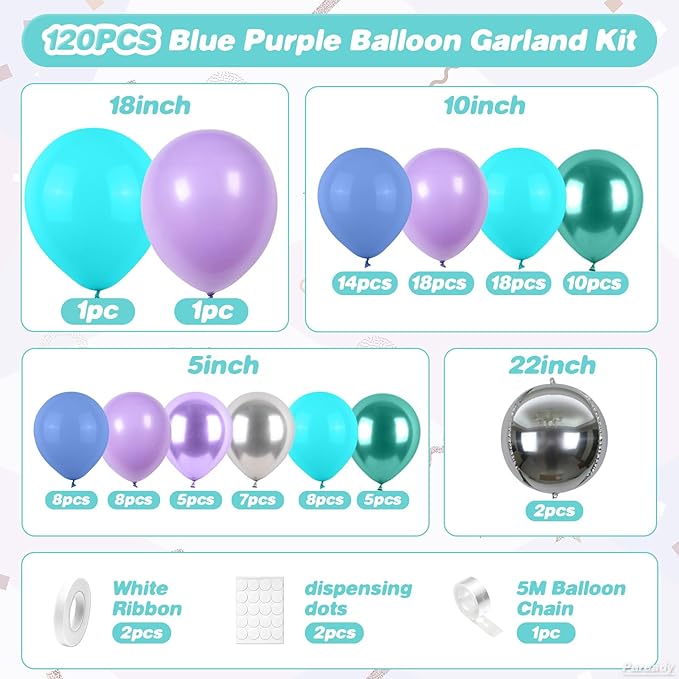 Mermaid Balloon Arch Kit 120pcs Blue Purple Balloon Garland Arch Kit