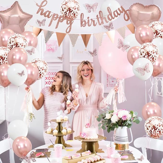 Rose Gold Birthday Decorations Rose Gold Happy Bday Banner Balloons