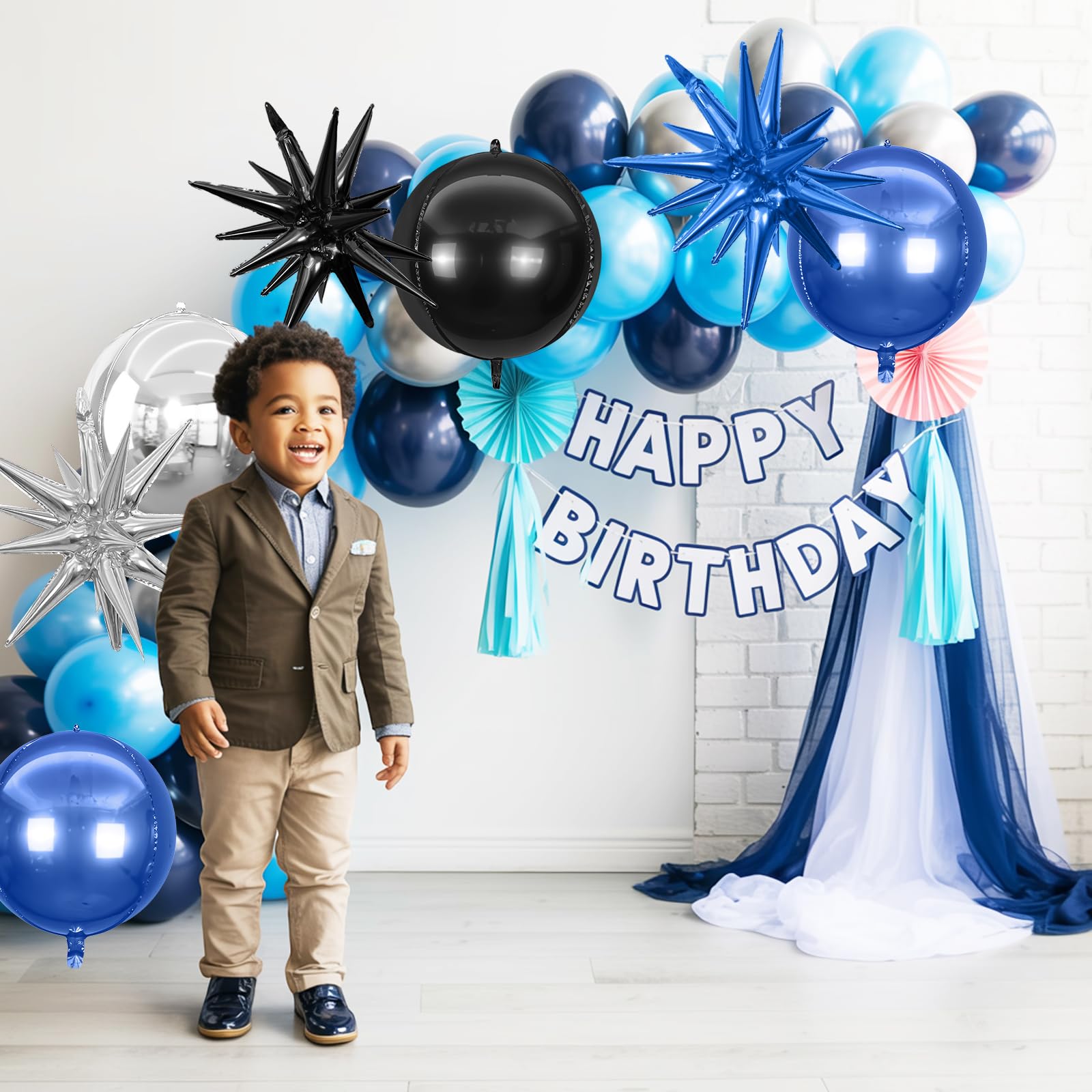 6Pcs Black Blue Silver Foil Balloons,22Inch Black Blue 4D Round Ball