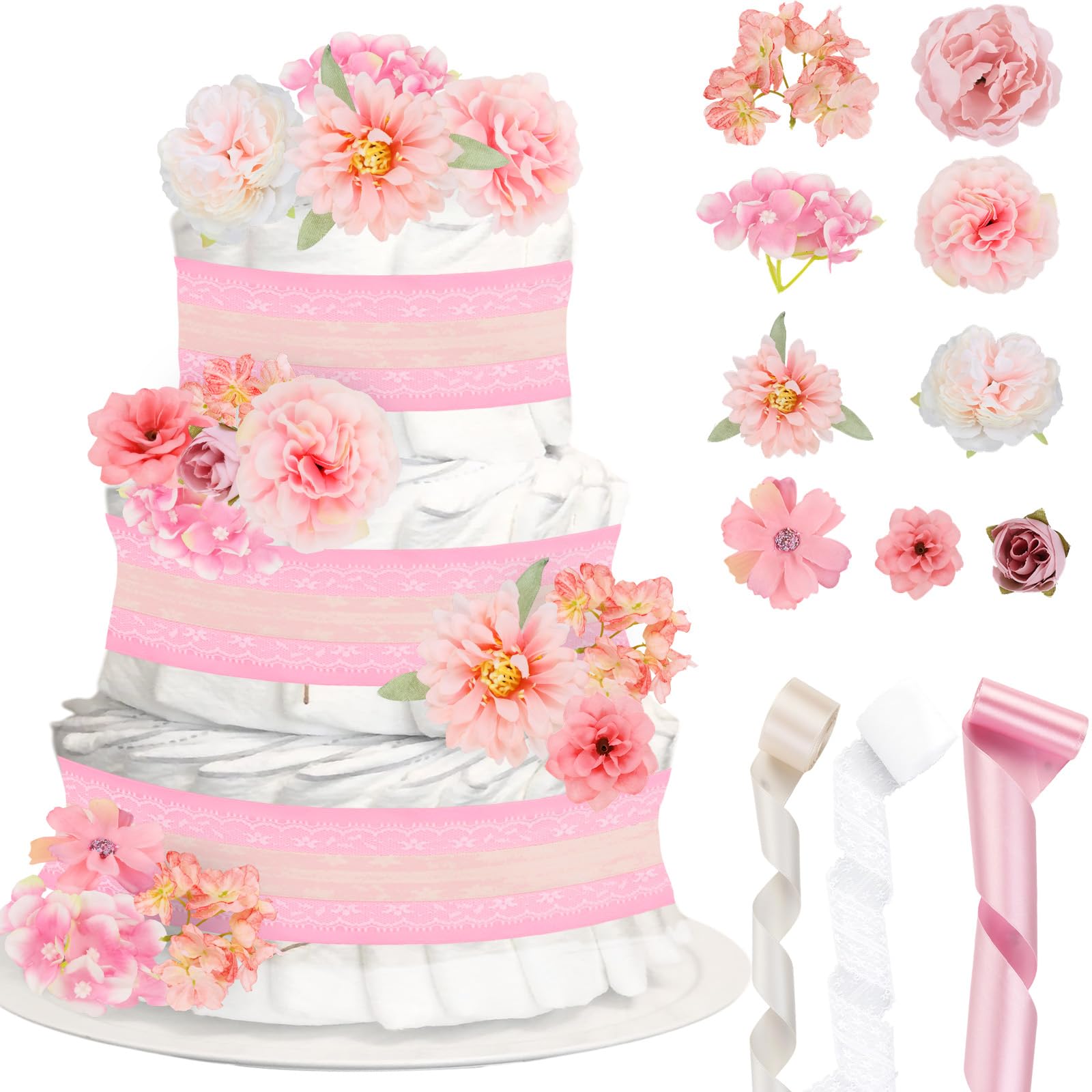 Cheerupp Pink Floral Theme Diaper Cake Decorations for Baby Shower