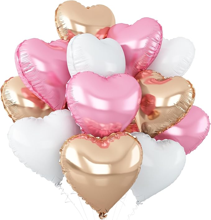 Pink White Heart Balloons,12Pcs Rose Gold Heart Shaped Foil
