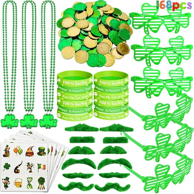 168Pcs St Patrick's Day Party Favor Set Include Green Beads Shamrock
