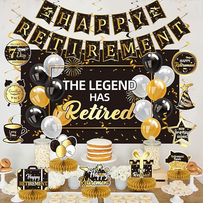 Happy Retirement Party Decorations Men Women, Black and Gold