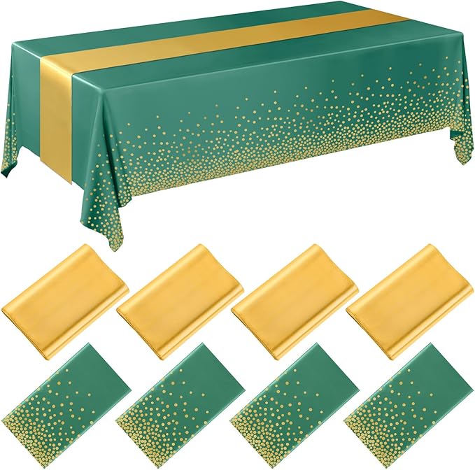 Breling 8 Pack Green and Gold Disposable Plastic Tablecloths and