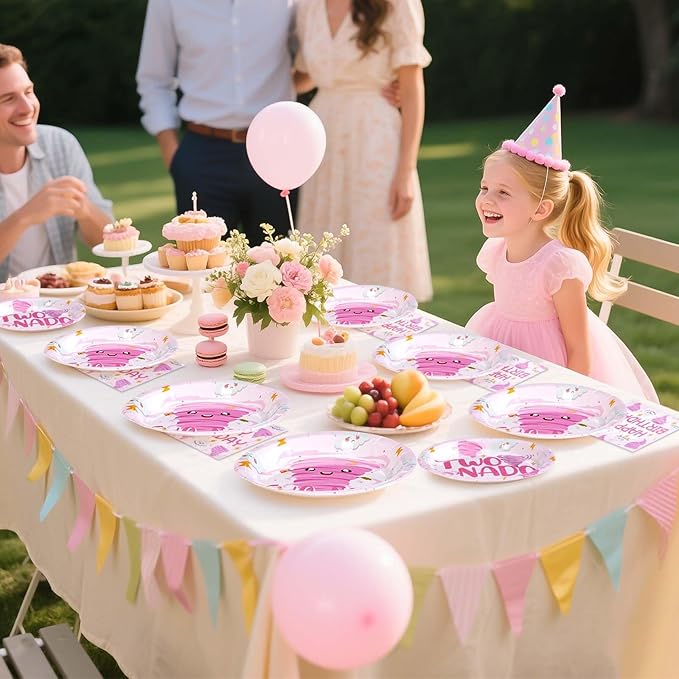 96Pcs Two Nado Party Supplies Pink Tornado 2nd Birthday Plates and
