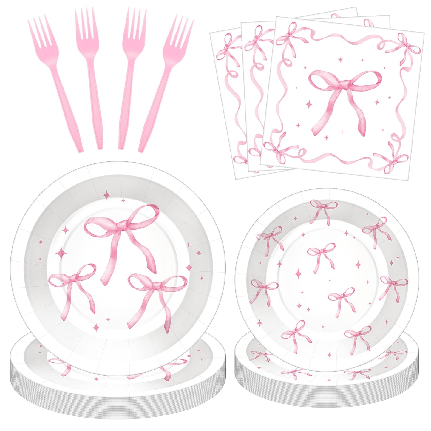 100 Pcs Pink Ribbon Bow Party Supplies Set, Serves 25 – Disposable