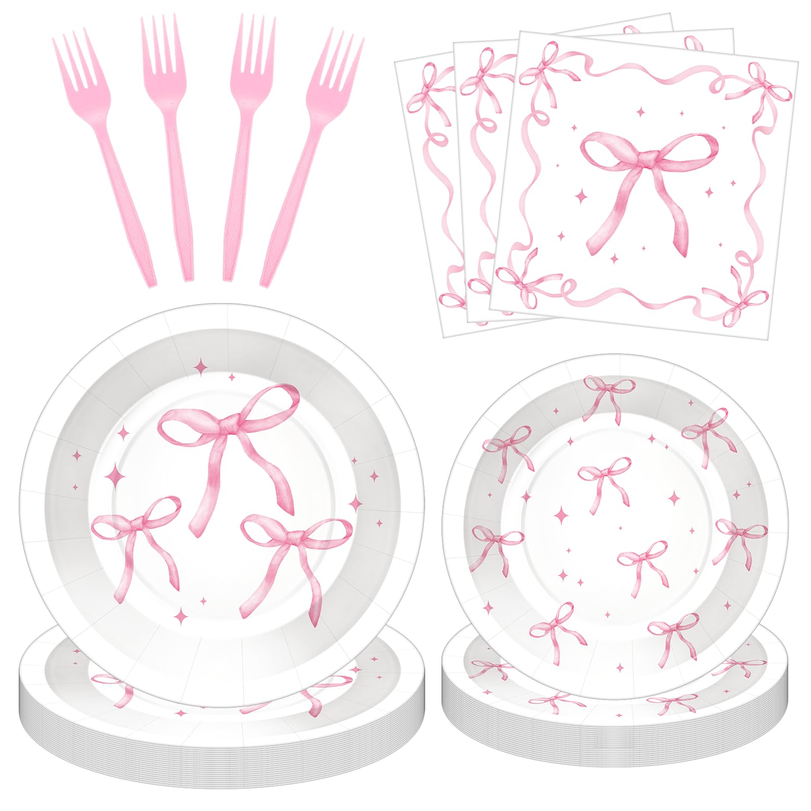 100 Pcs Pink Ribbon Bow Party Supplies Set, Serves 25 – Disposable