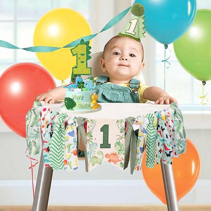 Dinosaur Theme 1st Highchair Banner Tassel Garland Dino Conical Cap