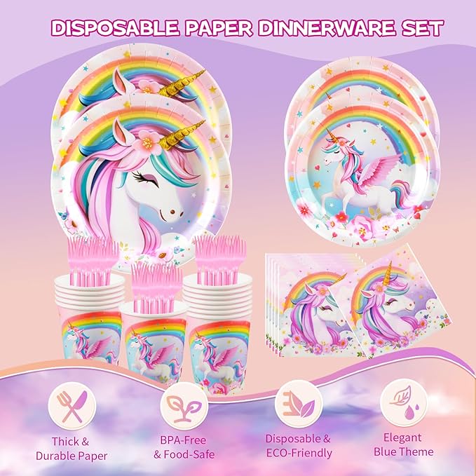 Unicorn Birthday Party Supplies Set Disposable Tableware for 24