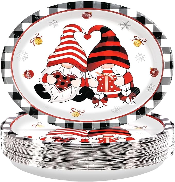 50 PCS Valentine's Day Oval Paper Plates 10 x 12 Gnomes Heart Plates