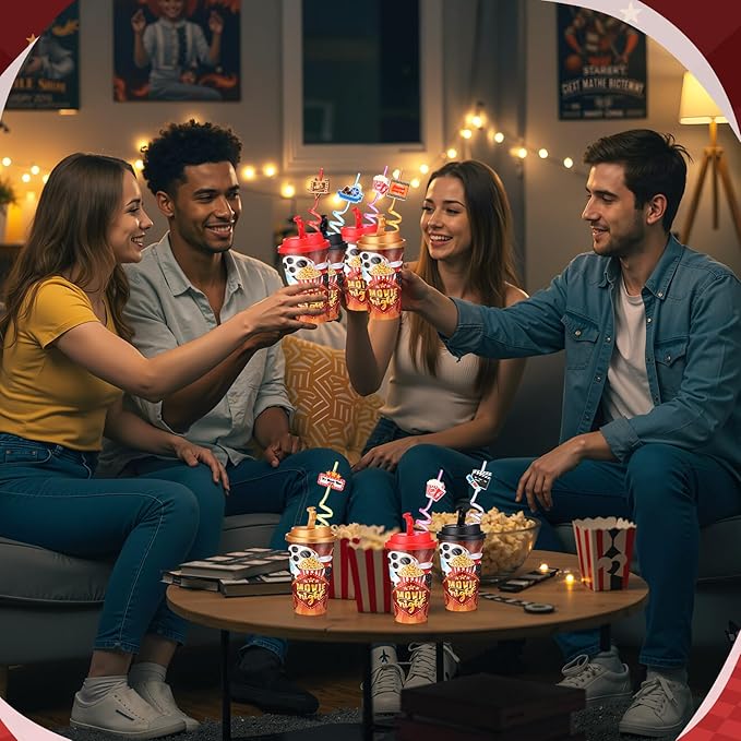 16 Sets Movie Night Party Favors Goodie Cups with Lids and Straws