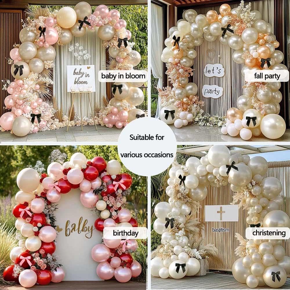 Pearl Sand White Balloon Arch Kit with Black Bow Double Stuffed Pearl