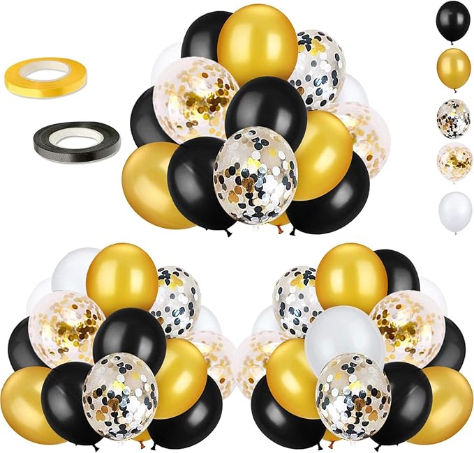 72 Pack Black Gold Confetti Balloons Kit, 12 Inch Black Gold White