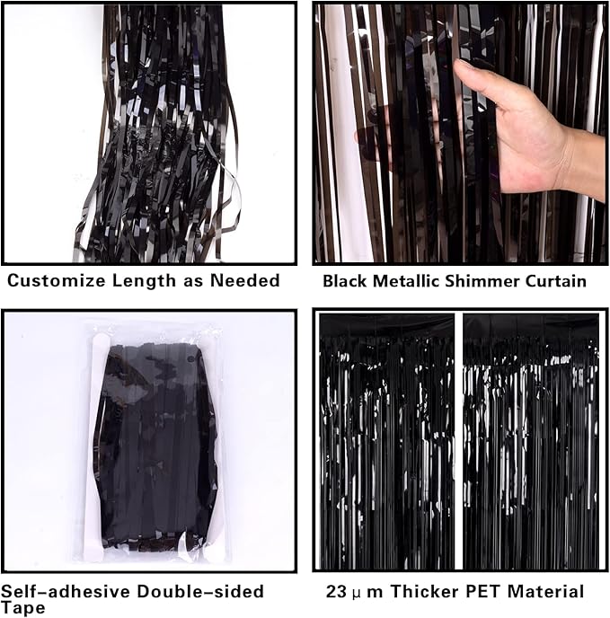 2 Pack 3.2ft x 8.2ft Black Tinsel Foil Fringe Curtains, Metallic Foil