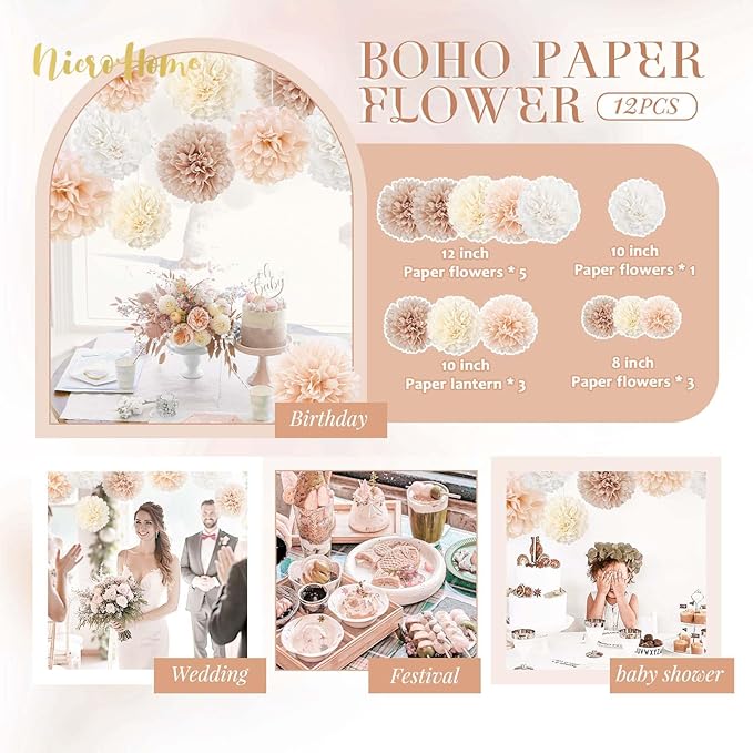 NICROHOME EUR Wedding Decorations, 12 PCS Ivory Champagne Tissue
