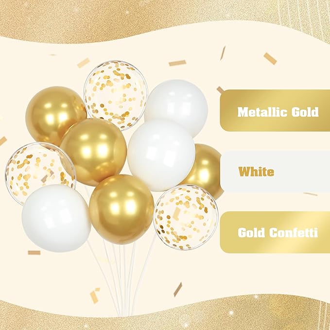 60pcs Gold and White Balloons 12inch, White and Gold Balloons with