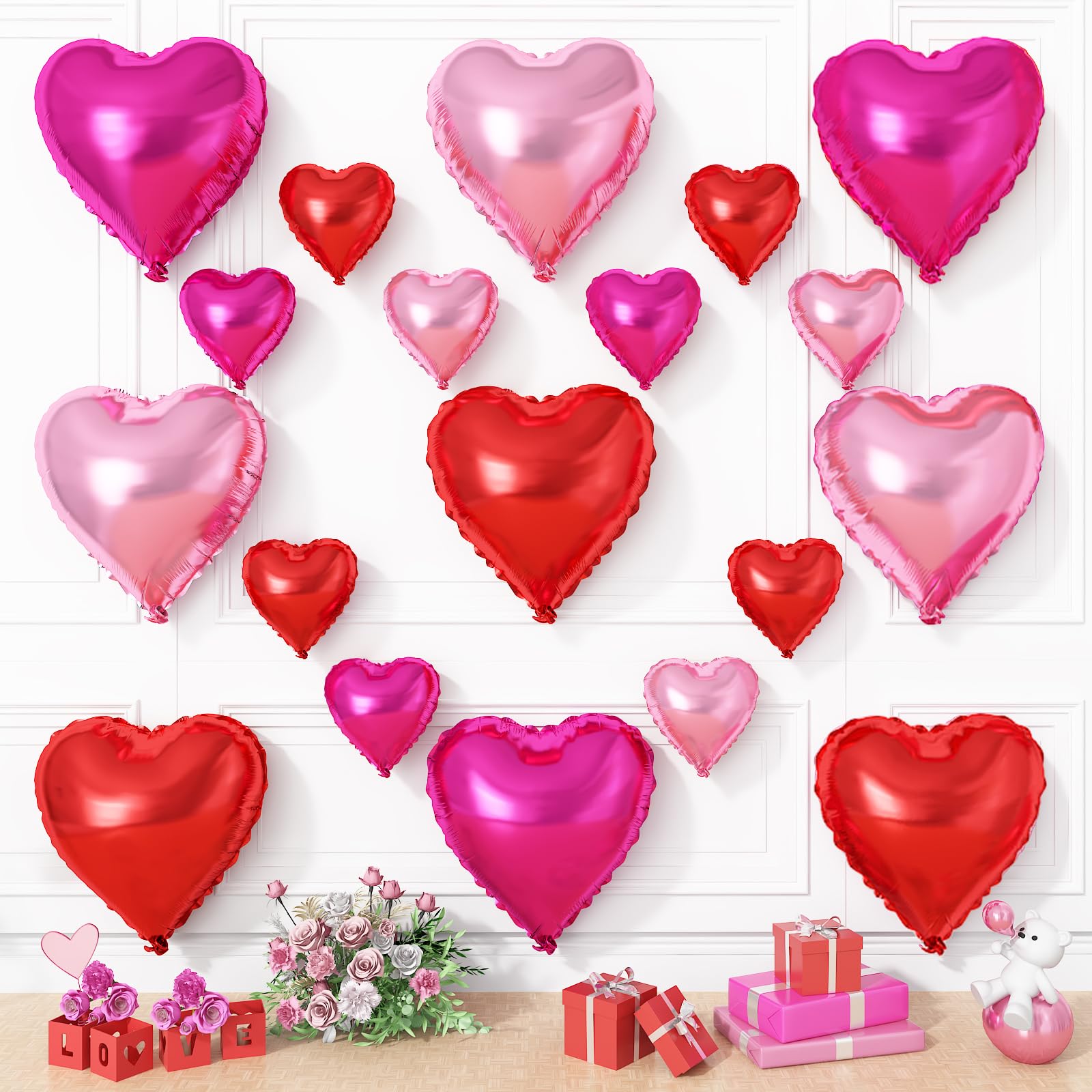Red Pink Heart Balloons, 19PCS Light Pink Heart Shape Balloon, 18Inch