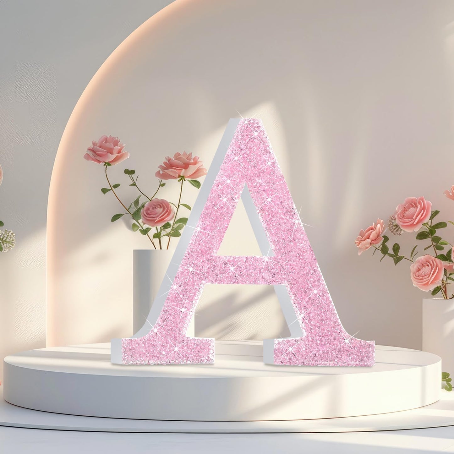 Qunclay Pink Crystal Diamond Letter Wall Decor, Glitter Wooden Bling