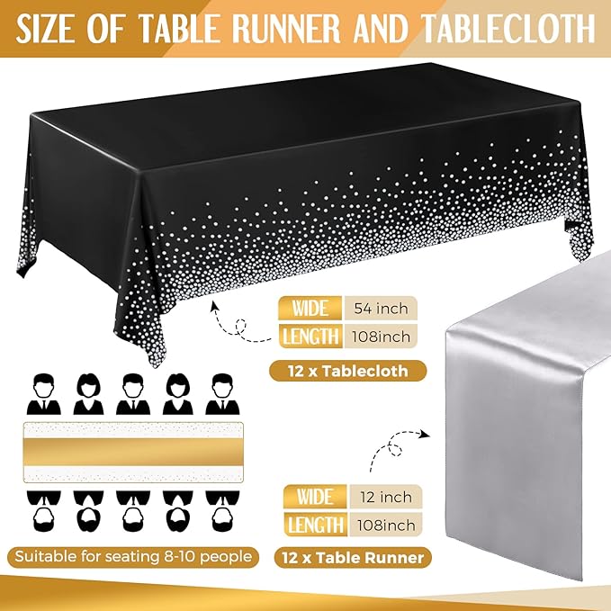 Breling 24 Packs Black and Silver Disposable Plastic Tablecloths and