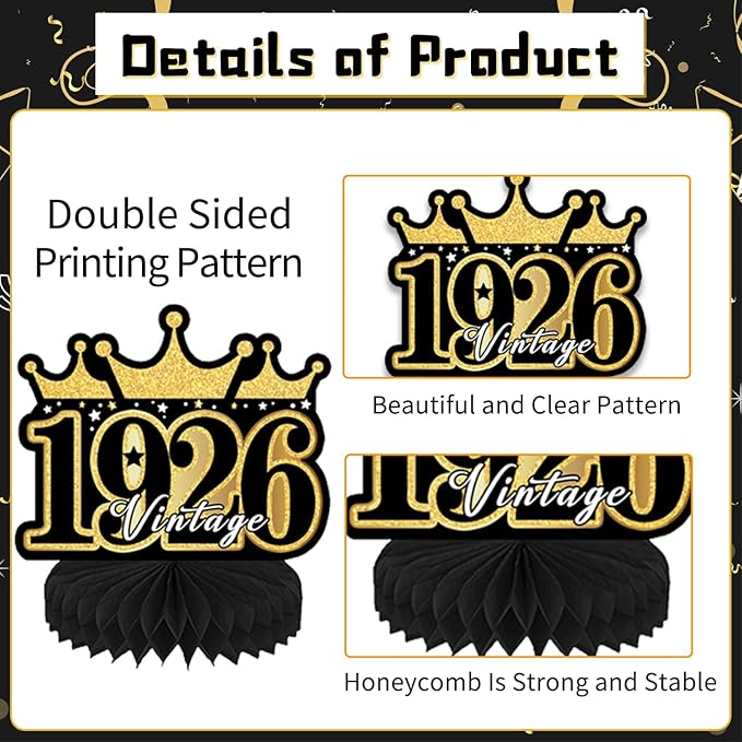 100th Birthday Party Decorations, 9PCS Black Gold 100th Vintage
