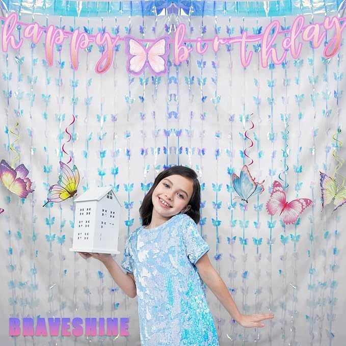 BRAVESHINE Iridescent Hanging Butterfly Foil Fringe Curtain - 2 Pack