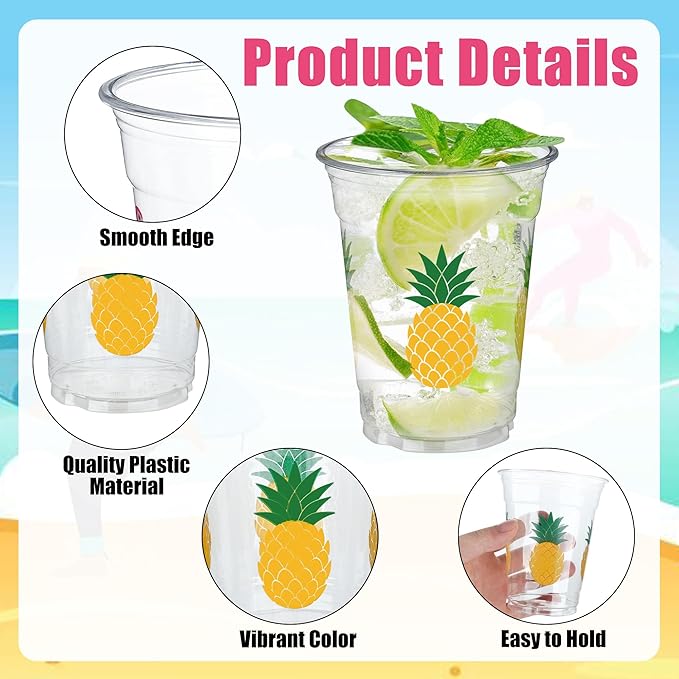 50 PCS Hawaiian Luau Cups 12 oz Plastic Tropical Cups Hawaii Party